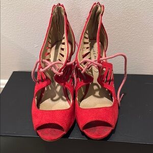 Vibrant Red Lace-Up Suede Heels GUC